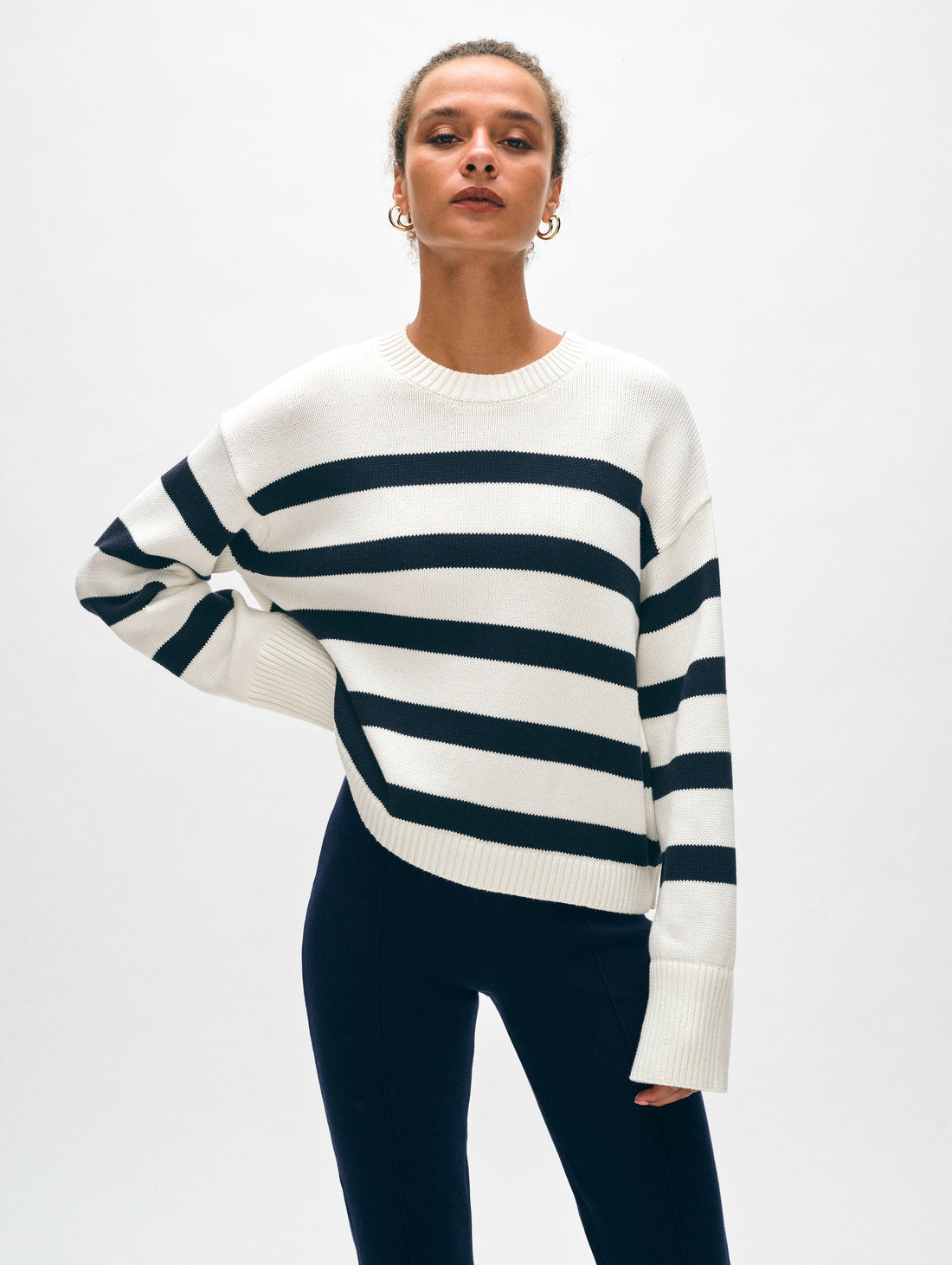 Cotton Easy Crewneck 2 Ivory/Navy