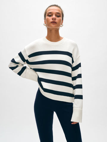 Cotton Easy Crewneck 2 Ivory/Navy