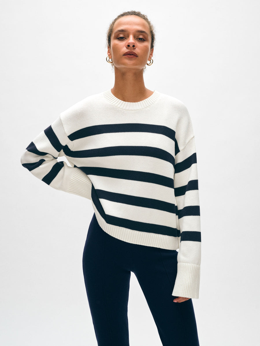 Cotton Easy Crewneck 2 Ivory/Navy